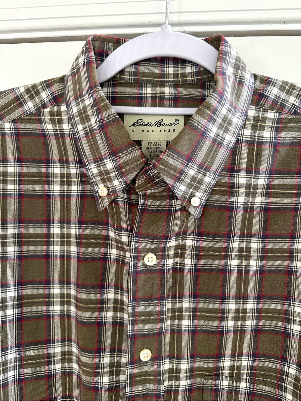 Vintage Eddie Bauer Large Tall Button Front Shirt Plaid Olive Green Cotton 90s - Picture 2 of 6